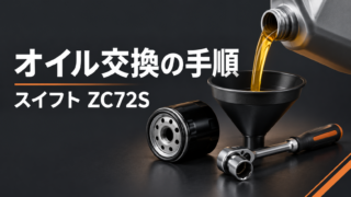 オイル交換の手順・スイフトZC72S。オイル容器、フィルターと工具の説明用イラスト