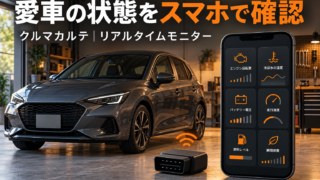 車・スマートフォン・OBD2アダプターを描いた、リアルタイムモニター紹介のイメージイラスト。実際の車両・アプリ画面とは異なります。