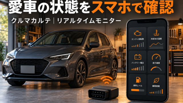 車・スマートフォン・OBD2アダプターを描いた、リアルタイムモニター紹介のイメージイラスト。実際の車両・アプリ画面とは異なります。