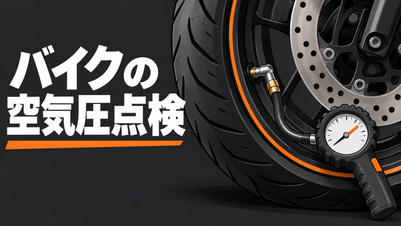 バイクのタイヤとエアゲージを描いた、空気圧点検の説明用イラスト