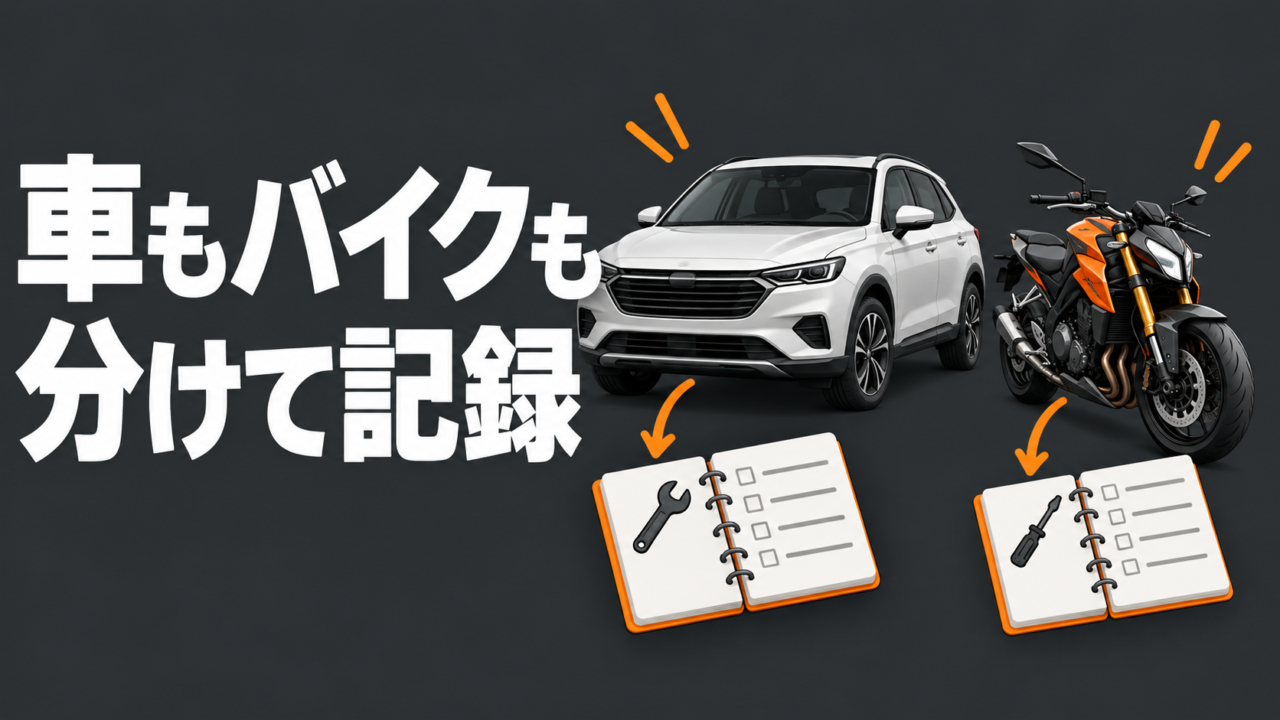 車とバイクにそれぞれノートを添えた、車両別の整備記録を示すイラスト